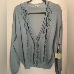 New -RYEGRASS Slate Blue Ruffle Front and Neck Cardigan/Button Up Sweater